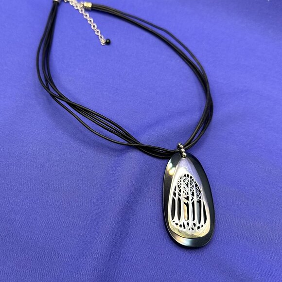 VTG Sterling Silver on Black Onyx Pendant Leather Cord - Picture 1 of 13